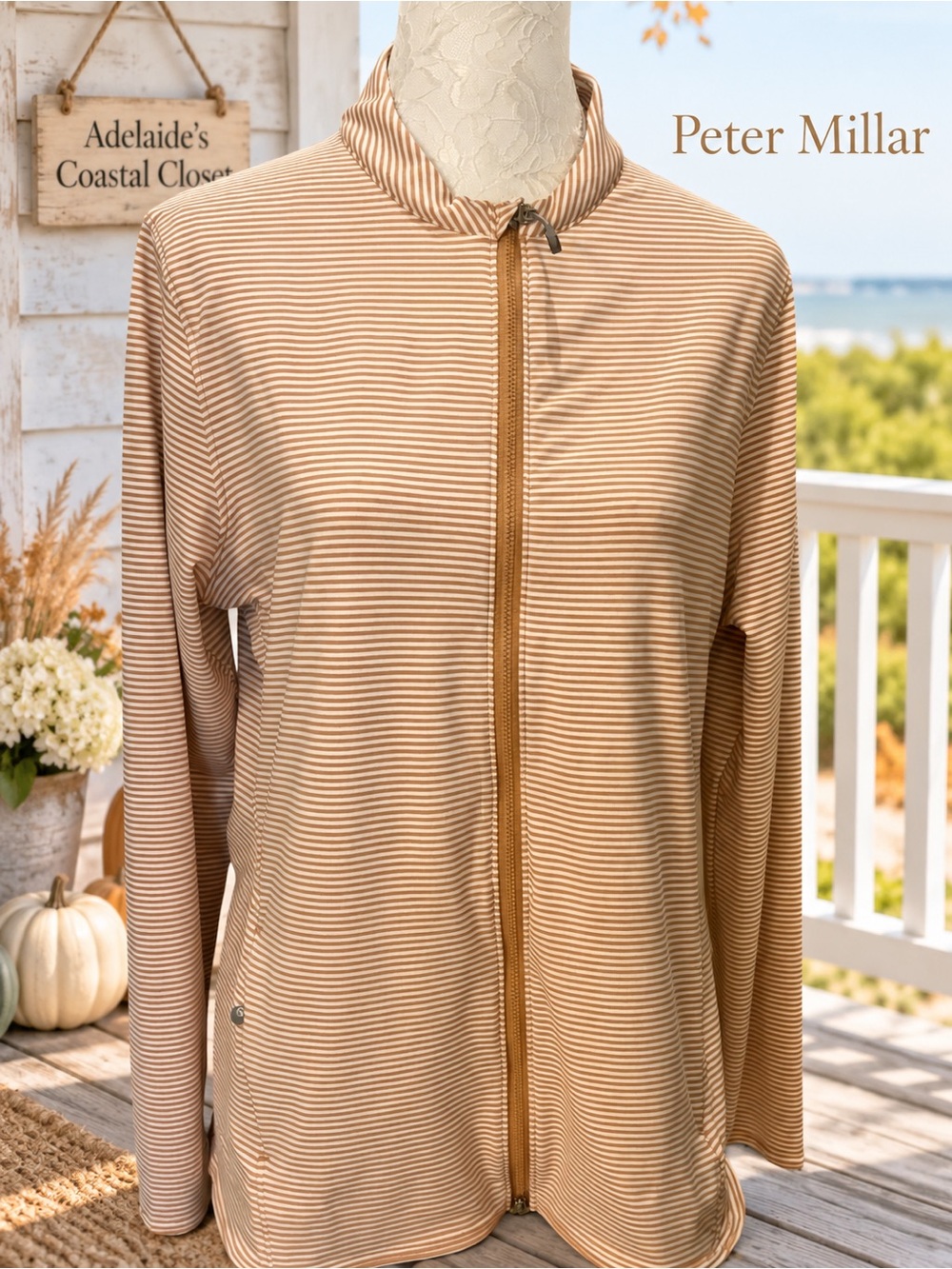Peter Millar Vista Stripe Katy Full Zip Golf Jacket Large Tan Cream UPF Women L